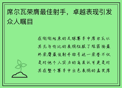 席尔瓦荣膺最佳射手，卓越表现引发众人瞩目