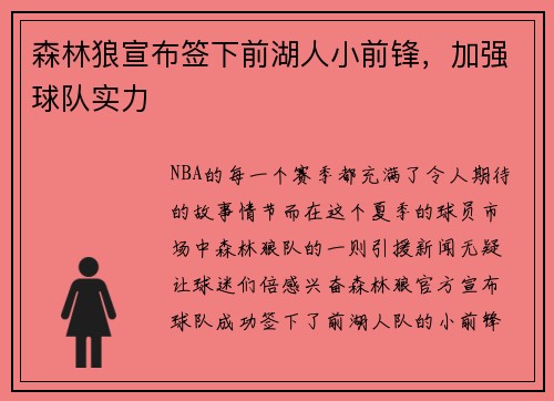 森林狼宣布签下前湖人小前锋，加强球队实力